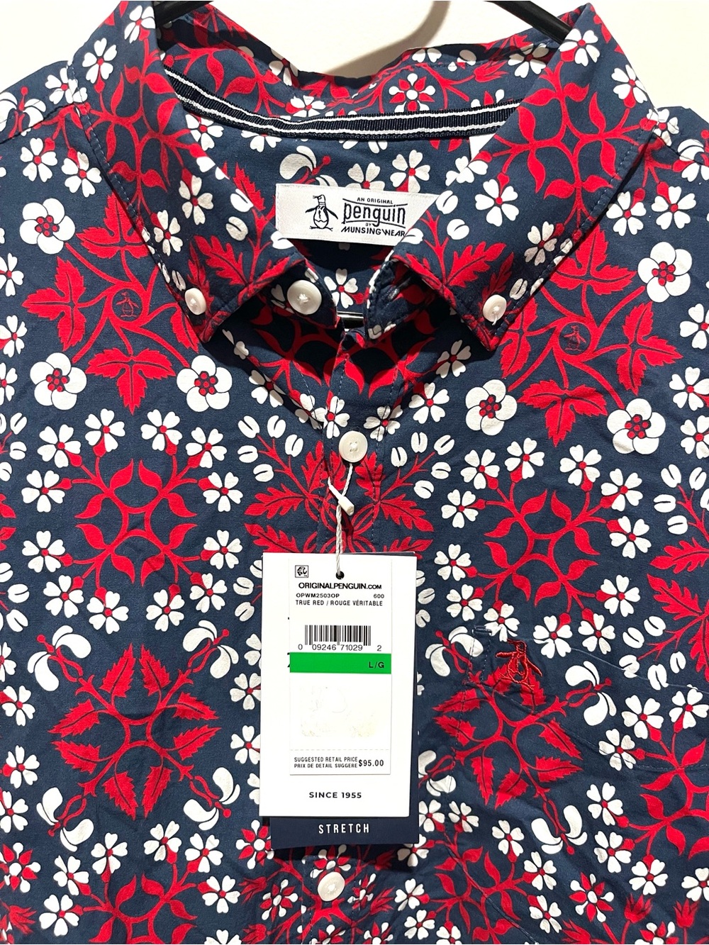 NWT Original Penguin Men’s Large Stretch Floral Button Down Red and Navy Shirt - Picture 2 of 4